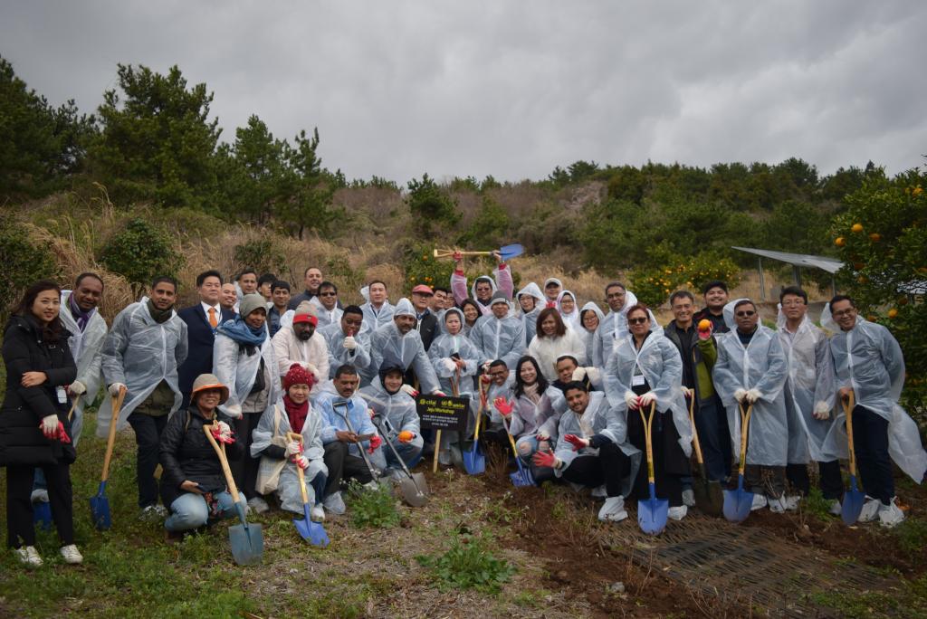 Workshop participants planting trees around the facilities of CIFAL Jeju