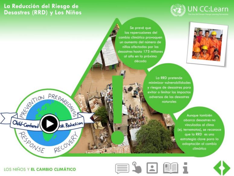 Module 2 slide 4 of the Specialized e-Learning Module on Children and Climate Change in Spanish.