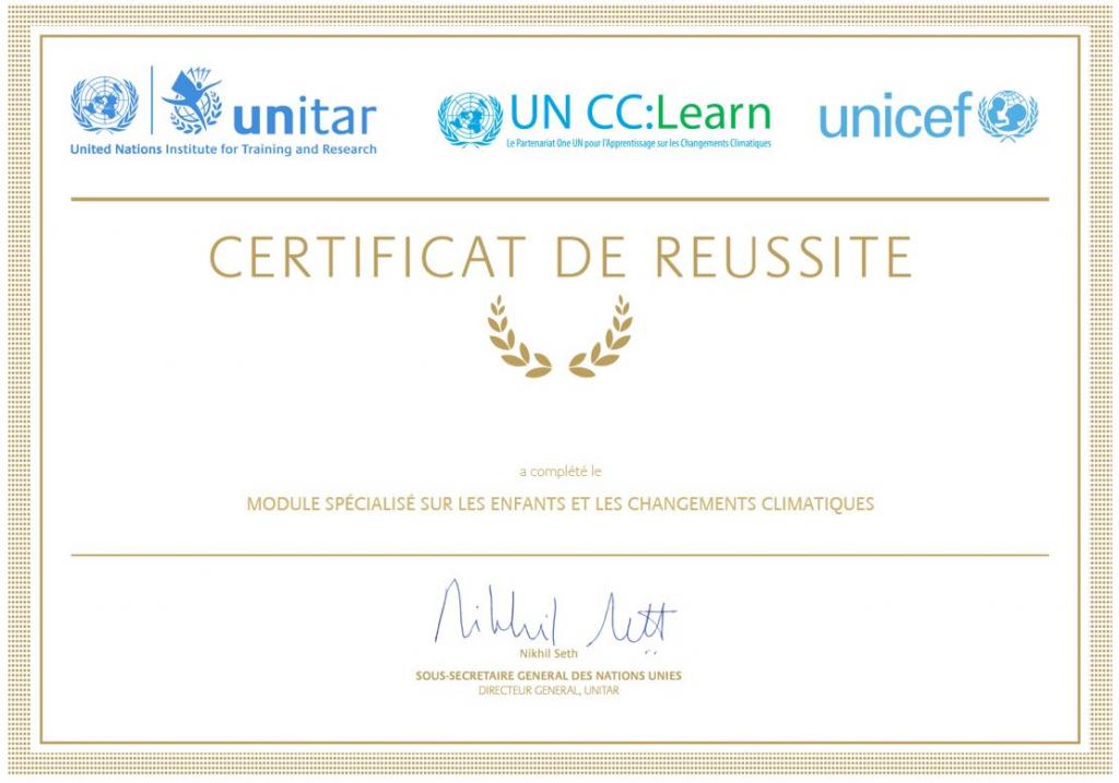 Certificate of completion for the Specialized e-Learning Module on Children and Climate Change in French.